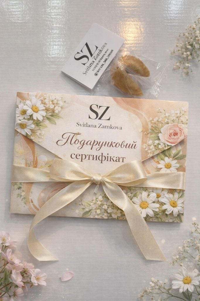 Elegant gift certificate for Zamkova Shoes, beautifully presented with flowers and a satin ribbon.