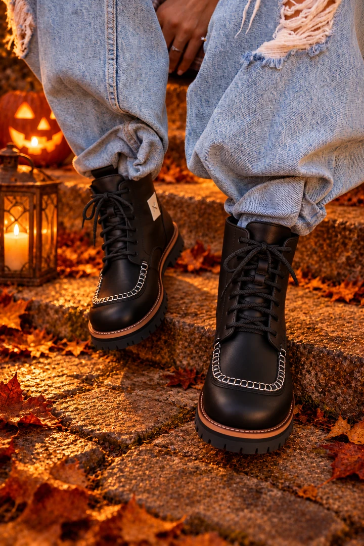 Black Zamkova boots on lantern-lit steps
