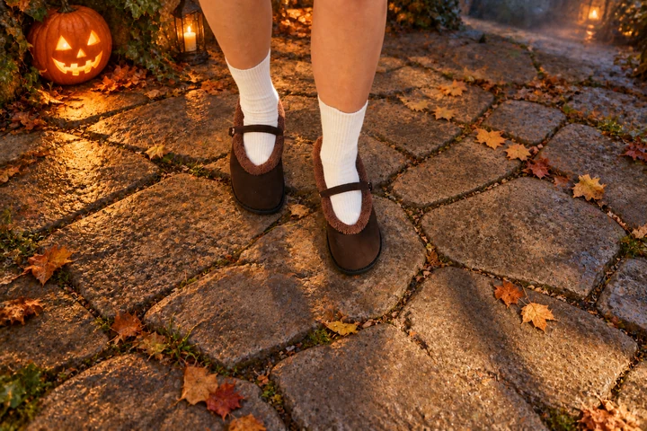 Hot Winter ballet flats on autumn stone steps